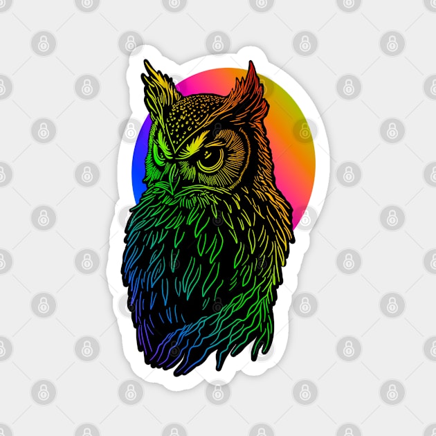 Rainbow colored owl with colorful full moon. Magnet by DaveDanchuk