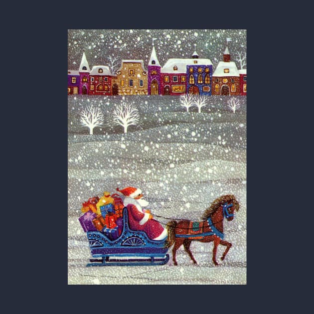 Vintage Santa Claus with Sleigh and Village by MasterpieceCafe