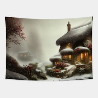Magical Fantasy House with Lights in a Snowy Scene, Fantasy Cottagecore artwork Tapestry