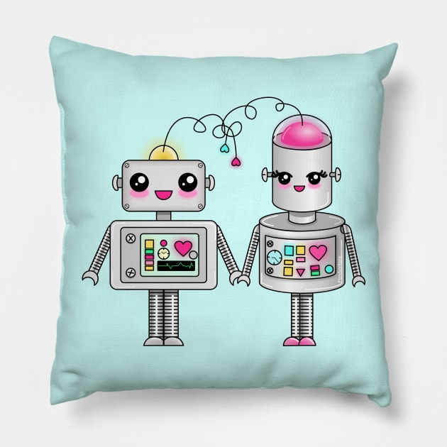 Cute robots in love Pillow by Pendientera