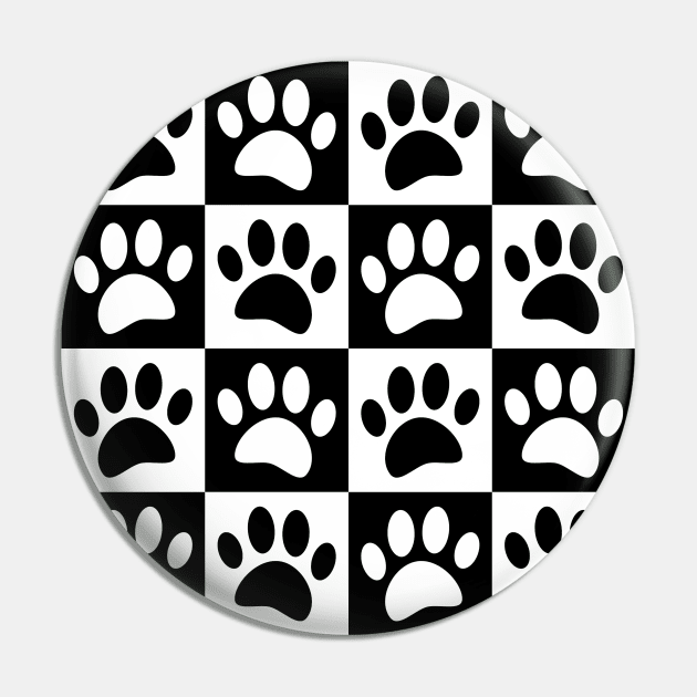 Black And White Dog Paw Print Checkered Pattern Pin by Braznyc