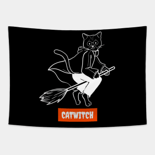 Cat Witch, Halloween Cat Gift, Halloween Witch, Black Cat, Flying Cat Tapestry