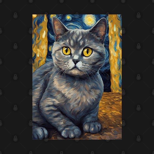 British Shorthair Cat Breed Portrait Painting in a Van Gogh Starry Night Art Style by Art-Jiyuu