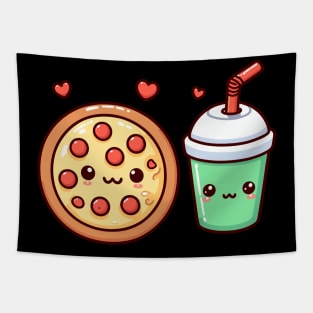 Kawaii Cute Food Illustration of a Pizza and a Milkshake | Cute Kawaii Art Design Tapestry