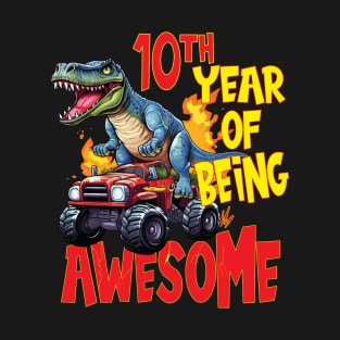 10th Year of Being Awesome 10 yr Birthday Truck Dinosaur Boy Girl 10 Years Old T-Shirt