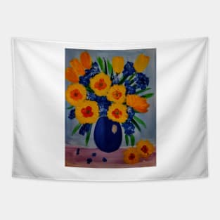 Tulips and carnations on a metallic blue vase Tapestry