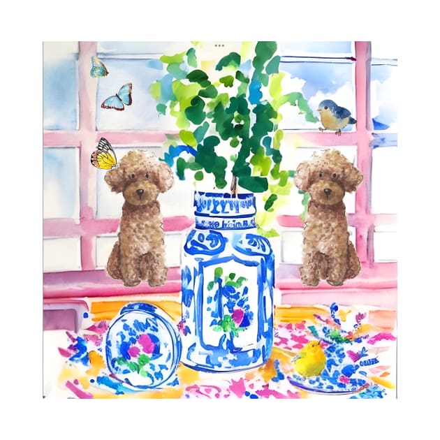 Dogs and chinoiserie jars watercolor by SophieClimaArt