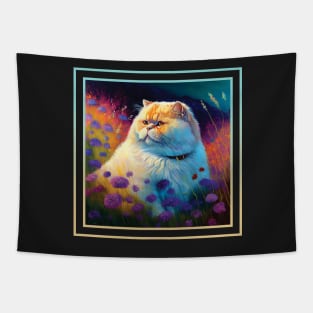 Happy Persian Cat Vibrant Tropical Flower Digital Oil Painting Portrait Tapestry