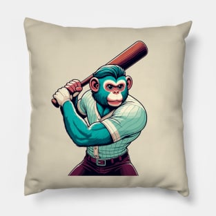 Vintage Monkey Slugger - Retro 1990s Cartoon Style Baseball Art Pillow