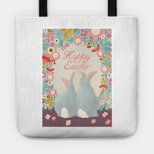 Happy Easter Bunnies and Flowers paper cut art Tote