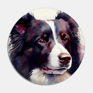 A Black and White Border Collie Watercolor Portrait Pin