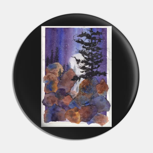 Mountain Moon & Tree Watercolor & Acrylic collage Pin by ConniSchaf