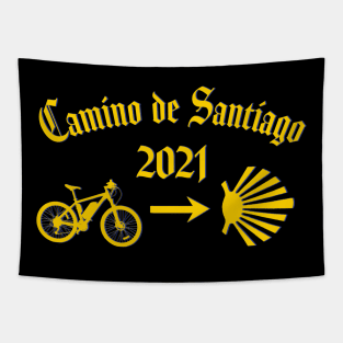 Camino de Santiago 2021 Typography Bicycle Yellow Arrow Scallop Shell Tapestry