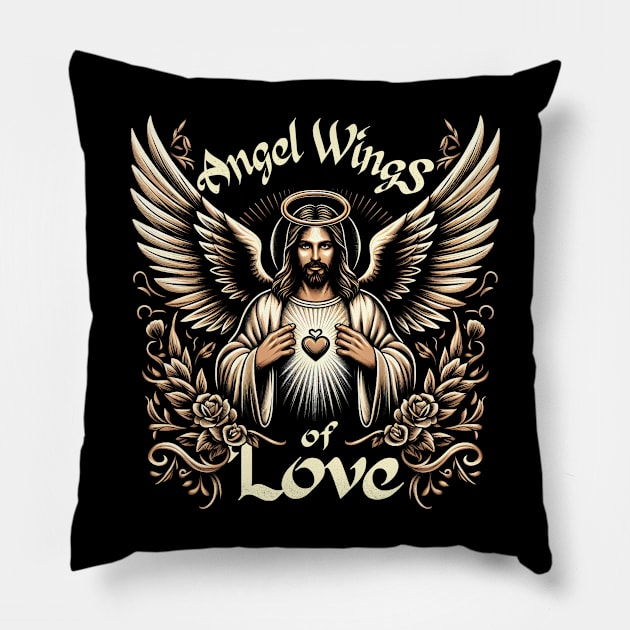 Angel Wings of Love, Jesus with outstretched arms embraces his heart Pillow by ArtbyJester