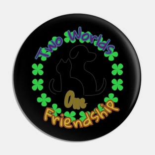 Two worlds, one friendship, black silhouettes of a dog and a cat against the background of green clover leaves as a symbol of friendship between different personalities Pin