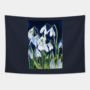 Watercolour painting of snowdrops with a dark background Tapestry