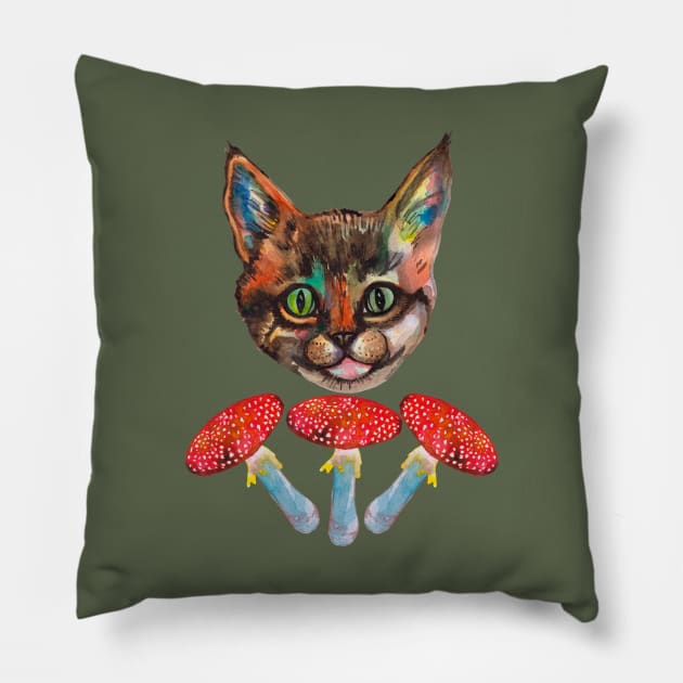 Cat and red mushrooms Fly agaric Pillow by deadblackpony