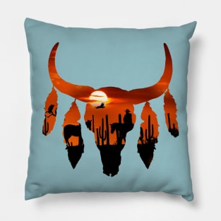 Sunset,cowboy,wild,rustic,desert, cow Skull and succulents plant Pillow