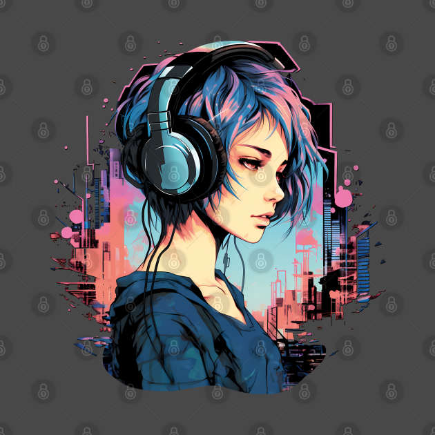 Cyberpunk Girl with Headphones Headphones TShirt TeePublic