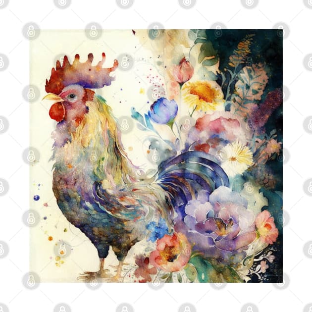 Cute Watercolor Floral Rooster, Farm Animal, by Dream and Design