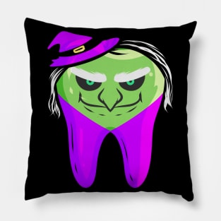 Evil Green Witch Tooth For Dentist On Halloween Pillow