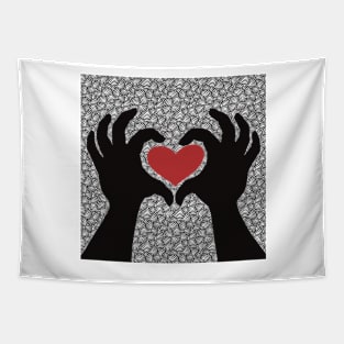 Hands making the sign of love, a red heart Tapestry