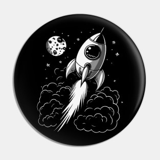 Black and White Rocket Flying into Space || To The Moon Pin