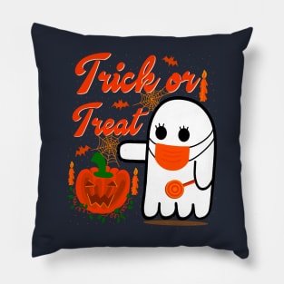 Trick or Treat Spooky Cute Masked Ghost Halloween Costume Covid19 Theme Pillow