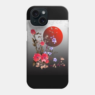 red watercolor sumiE flowers with a blood moon Phone Case