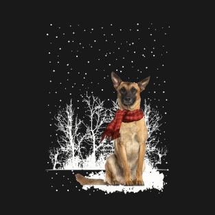 Chistmas Belgian Malinois With Scarf In Winter Forest T-Shirt