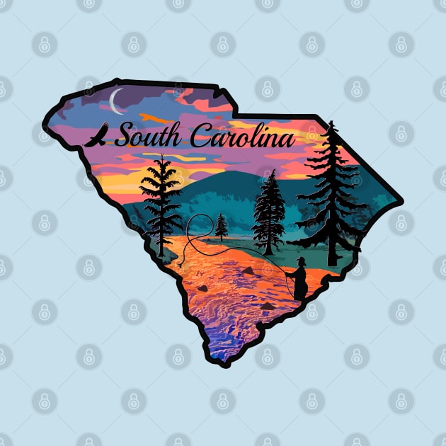 Fly Fishing South Carolina State Map Mountain Sunset River Retro by TeeCreations