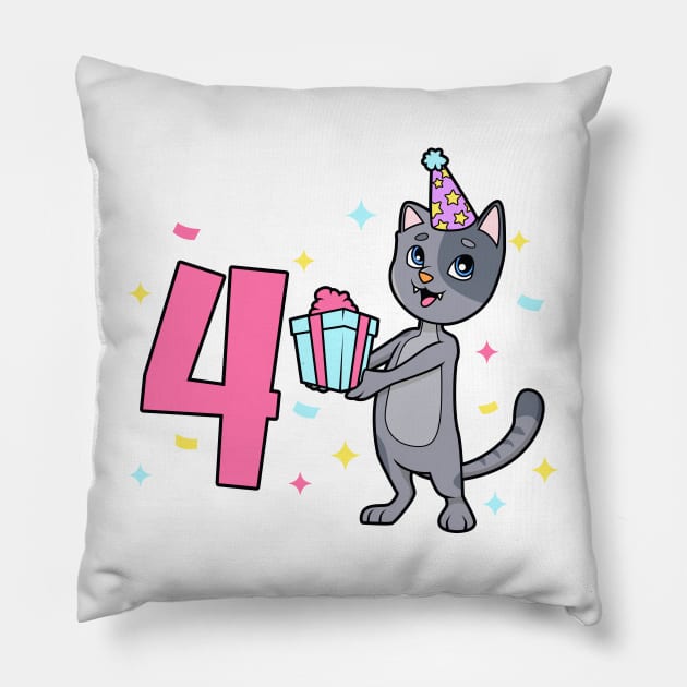 I am 4 with cat - girl birthday 4 years old Pillow by Modern Medieval Design