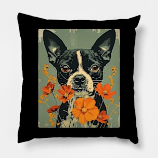 Boston Terrier Flowers Photo Art Design For Dog Onwer Pillow