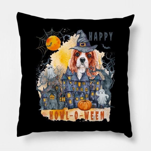 Cavalier King Charles Spaniel Happy Howl-o-ween Ghost Houses Funny Watercolor Pillow by Sniffist Gang