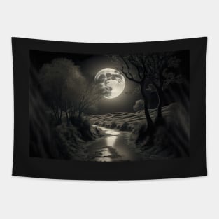 Full moon reflects over a wide tranquil serene river. Tapestry