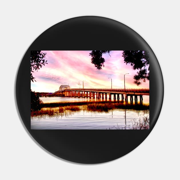 Richard Woods Memorial Bridge in Beaufort at Sunset Pin by SeaChangeDesign