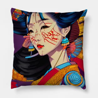 Cyber geisha illustration, colorful retro design Pillow