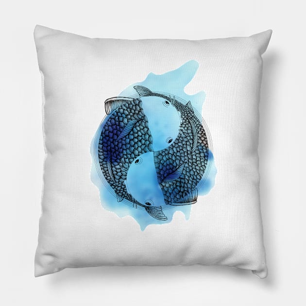 Pisces - Fish Koi - Japanese Tattoo Style (black and white) Pillow by beatrizxe