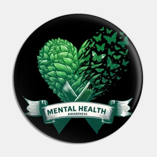 Mental Health Awareness Green Nature Heart Butterflies Ribbon Pin