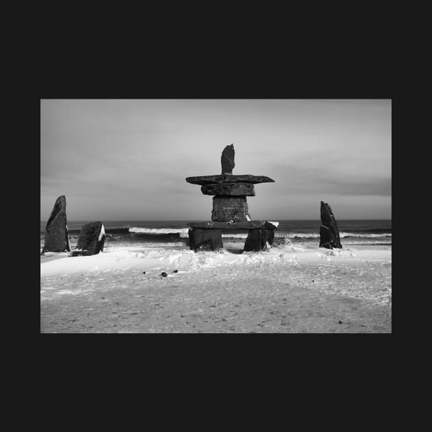 Inuit Inukshuk on Hudson Bay in Black & White by Carole-Anne