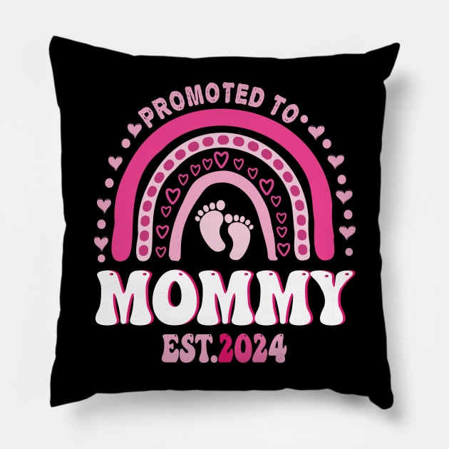 Promoted To Mommy Est. 2024 Groovy Mama New Mom boho rainbow Pillow by NIKA13