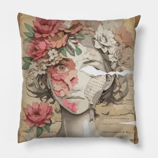 Ripped Collage of girl & flowers Pillow