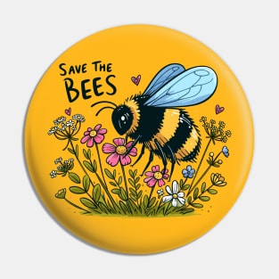 Save the Bees Bumblebee with wild flowers Pin