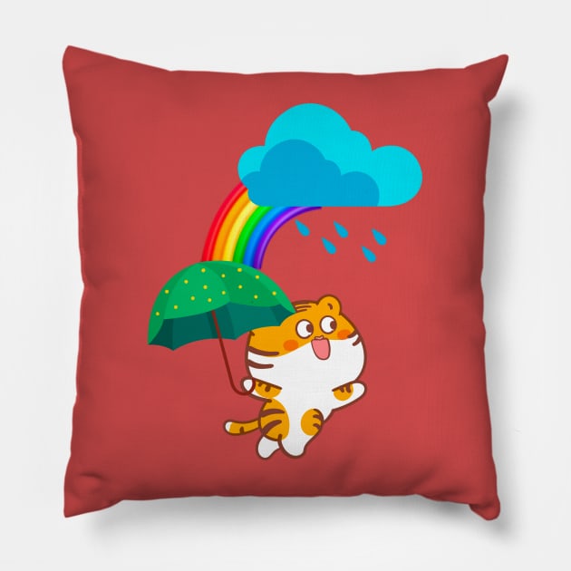 Baby tiger with green umbrella Pillow by LAV77