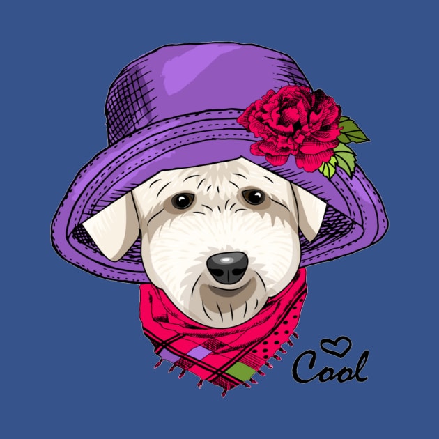 Dog with violet hat, flower and pink scarf by amramna