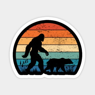 Vintage Bigfoot Hiking With Bear Retro Sunset Outdoor Magnet