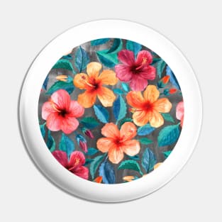 Colorful Watercolor Hibiscus on Dark Charcoal Pin