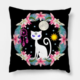 Dream Catcher Moon Stars Sun White Wiccan Cat Pillow