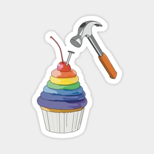 Rainbow icing cupcake with a nail in it about to get hammered Magnet