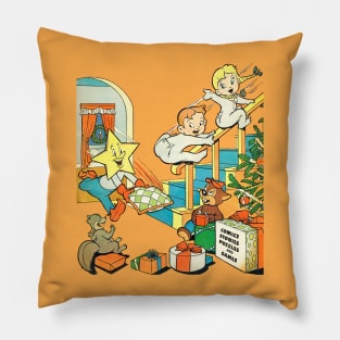 Happy children going down the stairs on Christmas morning to see the gifts that Santa Claus left under the pine tree Comic Retro Vintage Pillow